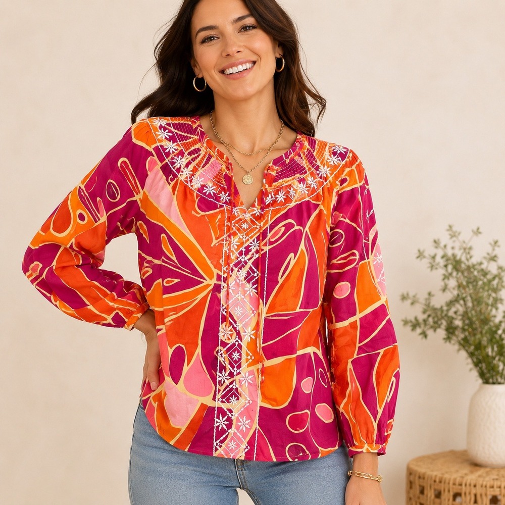 Christian Siriano New York Pink Orange Abstract Embroidered Peasant Blouse Large